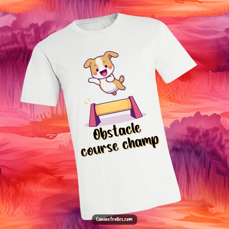 Funny dog t-shirt with an excited character joyfully leaping over a vibrant, small obstacle, showcasing athletic spirit and playful determination.
