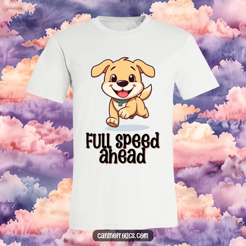 Funny t-shirt with a dog character captured mid-run, sporting a wide happy grin and ears streaming back, embodying pure exhilaration.