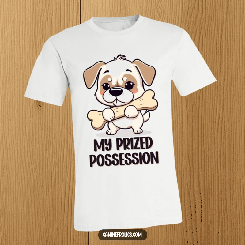 Funny dog t-shirt featuring a determined dog carrying a comically oversized bone, symbolizing ambition and humorous pursuit.