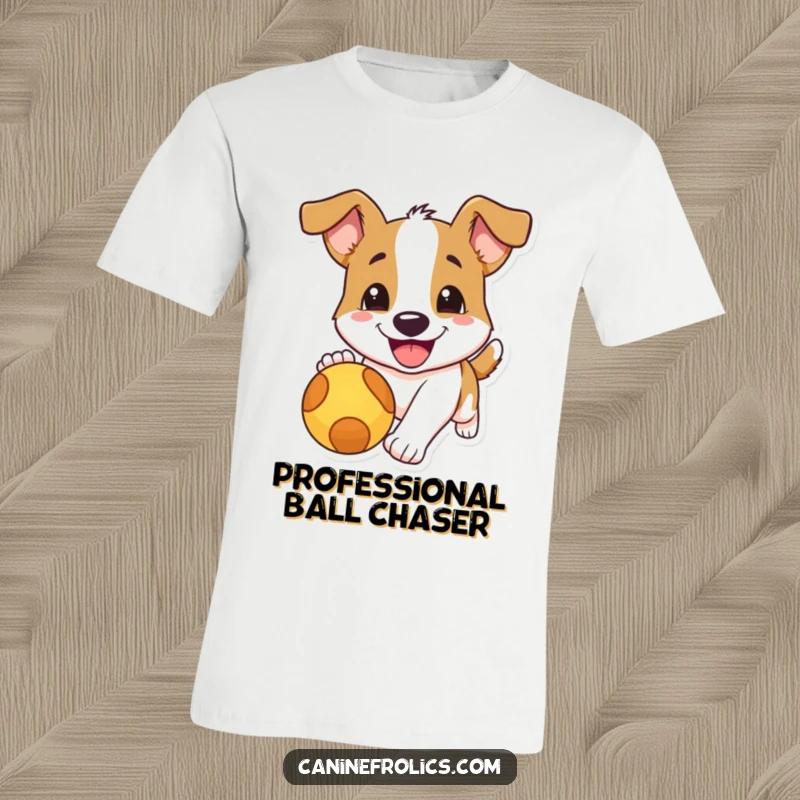 Funny dog t-shirt featuring a dog with a massive, happy smile mid-chase after a red ball, radiating playful energy and humor.