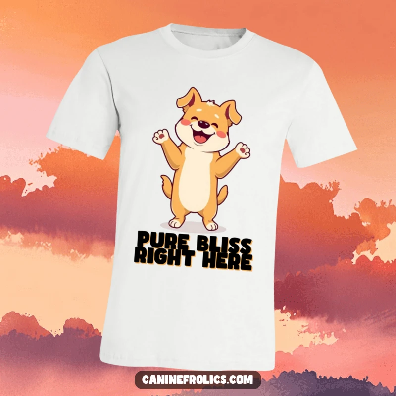 Funny T-Shirt: A delighted dog performing a lively happy dance on its hind legs, paws raised high in pure ecstatic abandon.