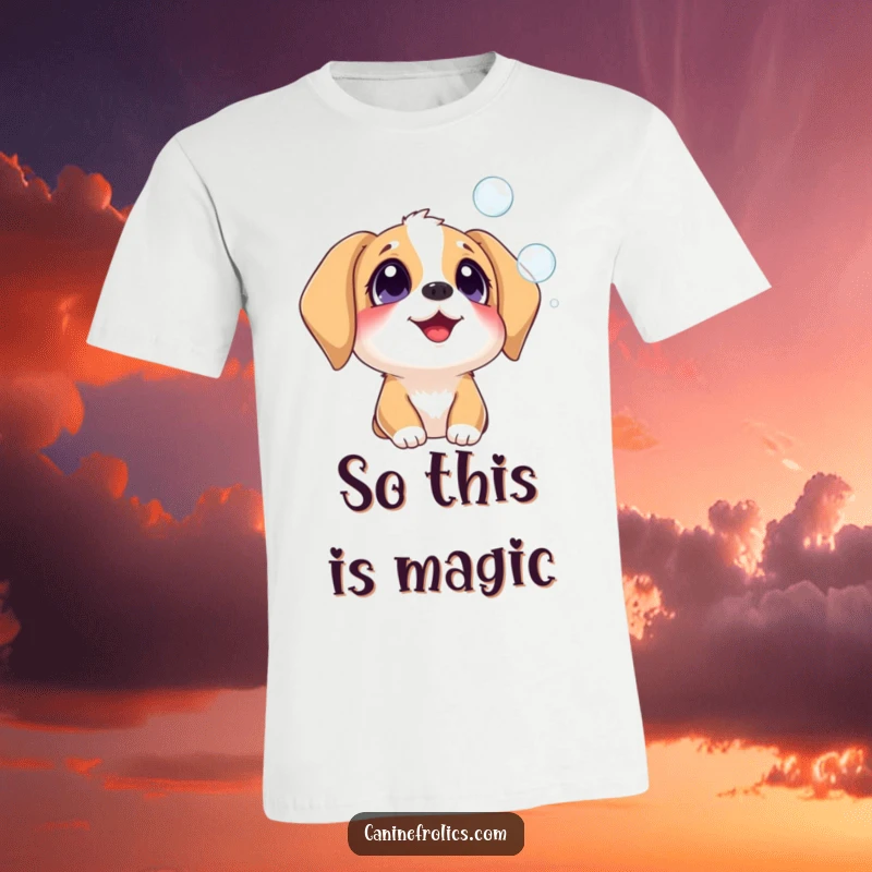 Funny dog t-shirt featuring a dog with wide eyes, joyfully watching iridescent bubbles float by, embodying innocent delight.