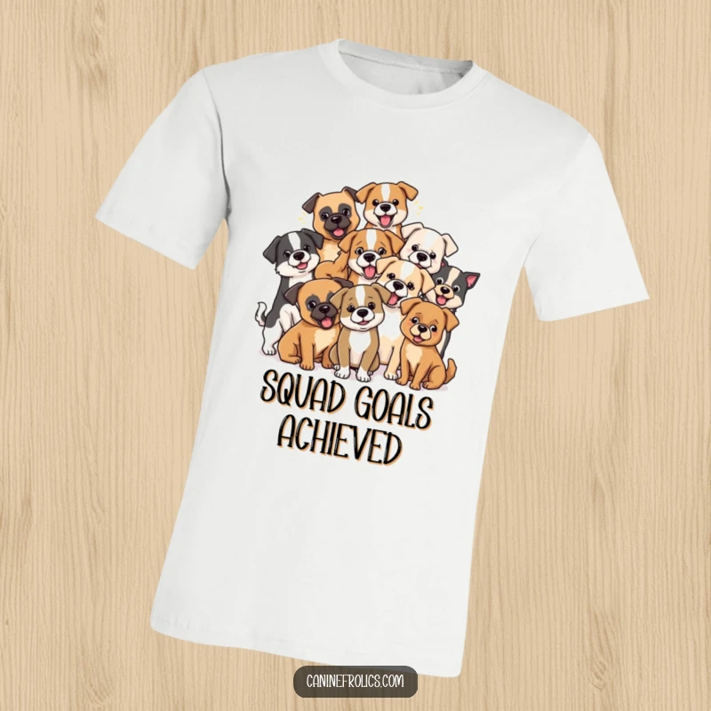 Funny dog t-shirt showing a variety of dog breeds playfully interacting, capturing a scene of harmonious canine fun.