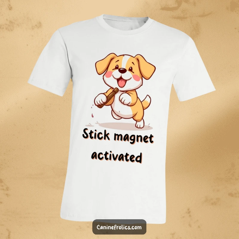 Funny dog t-shirt depicting a dog leaping to catch a stick, showcasing its speed and fetching prowess.