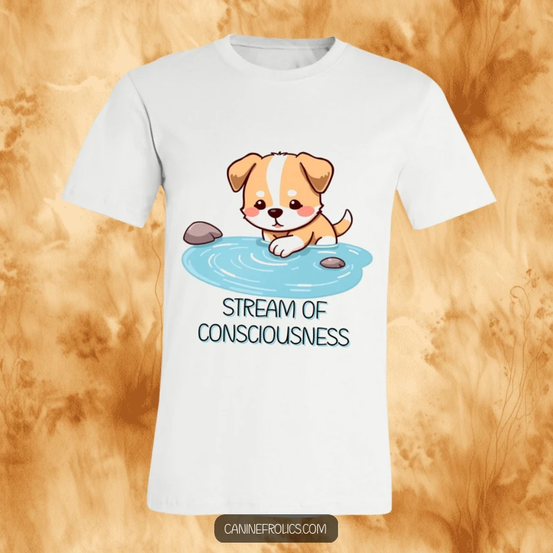 Funny dog t-shirt depicting a content dog dipping its paw into a clear, flowing stream.