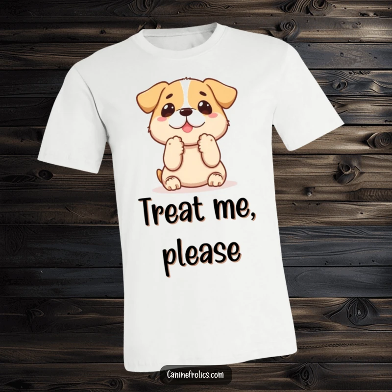 Funny dog t-shirt of a dog with paws raised, looking intensely at a treat, radiating eager anticipation and playful begging.