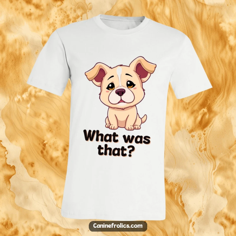 Funny t-shirt graphic of a dog with long, floppy ears and a quizzical expression, looking playfully confused.
