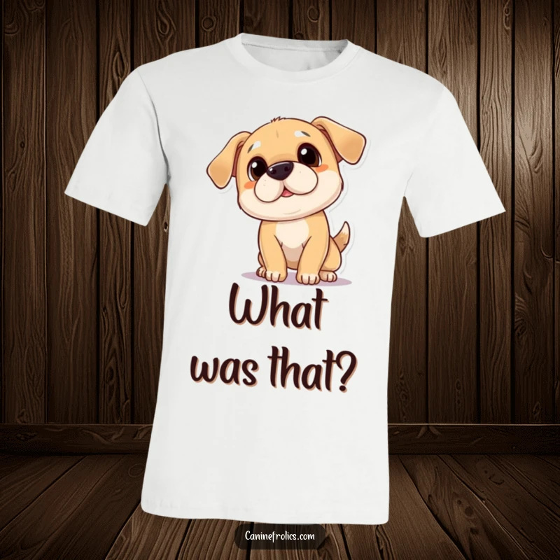 Funny t-shirt with a playful dog character tilting its head, giving a heartwarming and curious expression, inviting interaction.