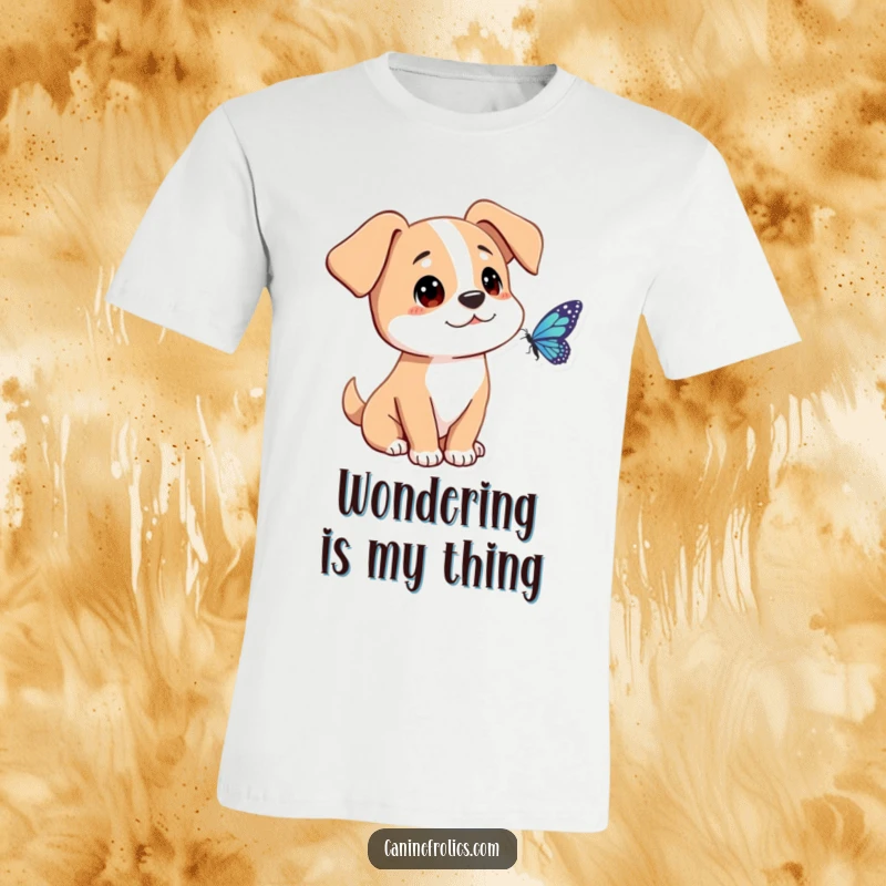 Funny dog t-shirt with a character's ears forward, looking inquisitively at a butterfly, embodying a sweet and gentle appreciation for nature.