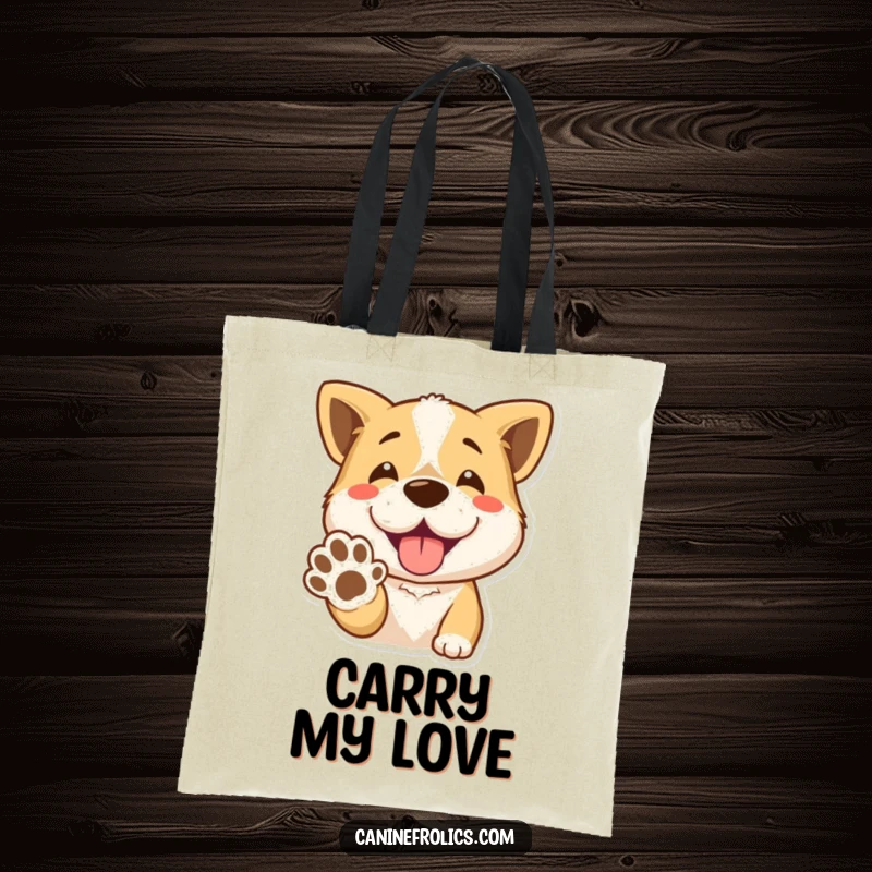 Funny Tote Bag: A happy dog with an open smile offers its paw for a greeting. A humorous and practical accessory.