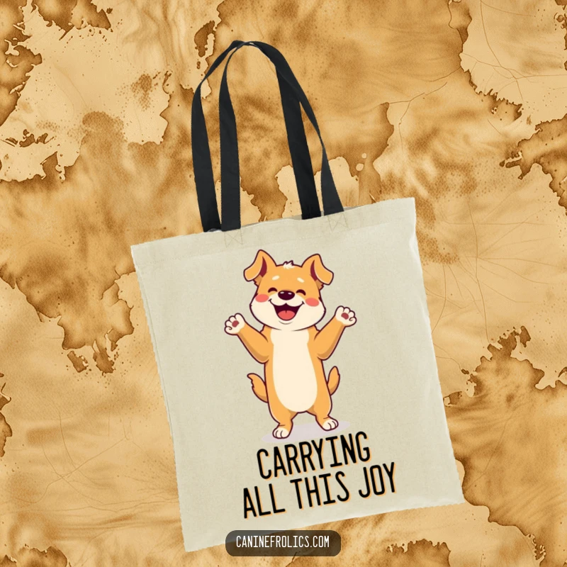Funny Tote Bag: A cheerful dog performs an energetic happy dance on its hind legs, paws reaching for the sky in delight.