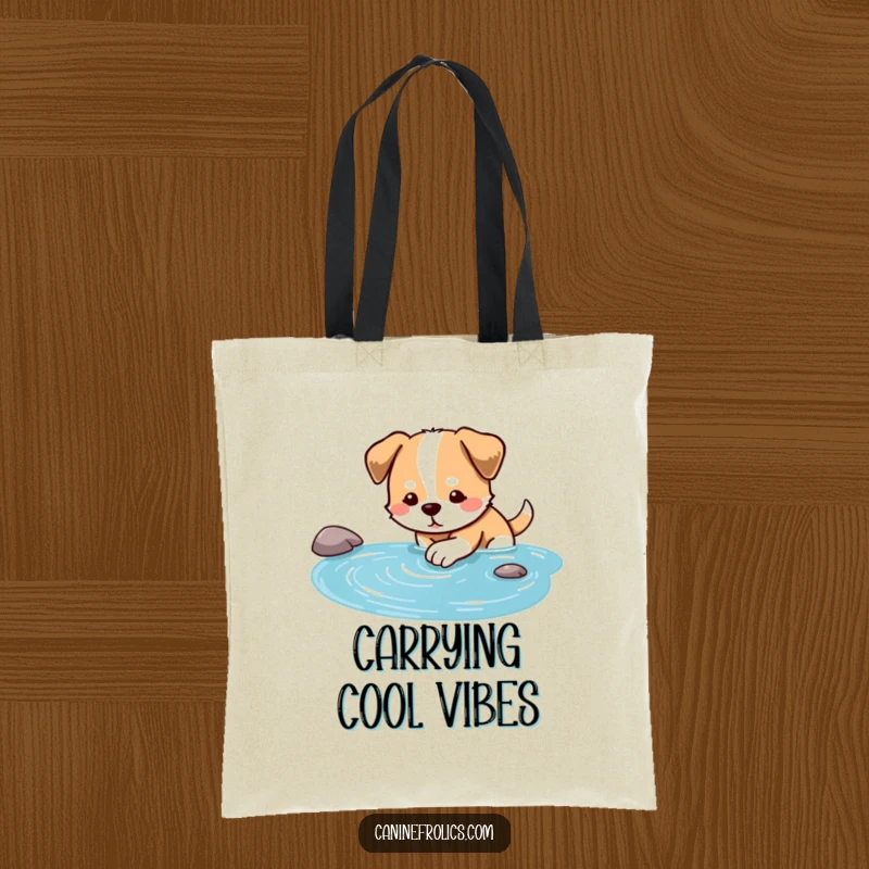 Funny dog tote bag illustrating a dog dipping its paw into a clear stream, enjoying the cool water.