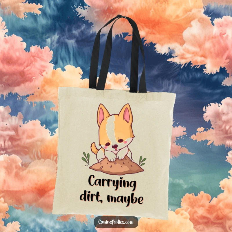 Funny tote bag displaying a canine character playfully digging in a small mound of dirt, perfect for carrying essentials with charm.