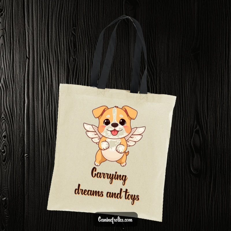 Funny angel dog tote bag depicting a small dog with adorable wings soaring through the air, a symbol of fun and lightheartedness.