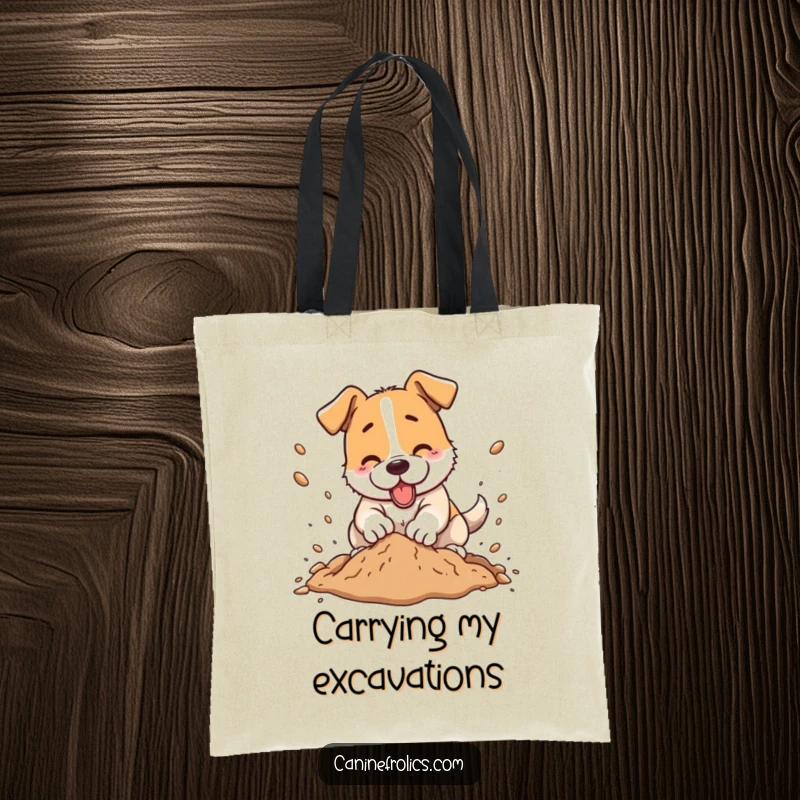 Funny dog tote bag, a happy dog character digging energetically, dirt flying everywhere, ideal for dog owners.