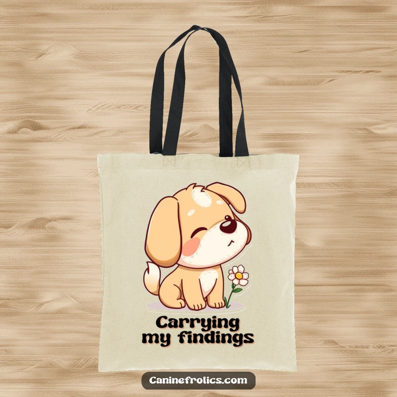 Funny tote bag illustrating a dog character with a wagging tail, curiously sniffing a flower, highlighting its sweet inquisitiveness.