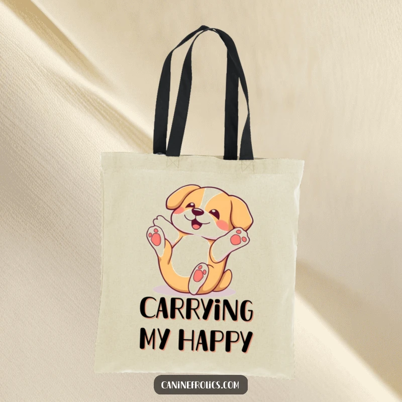 Funny dog tote bag showing a character playfully rolling on its back with paws in the air, perfect for carrying items with a joyful vibe.