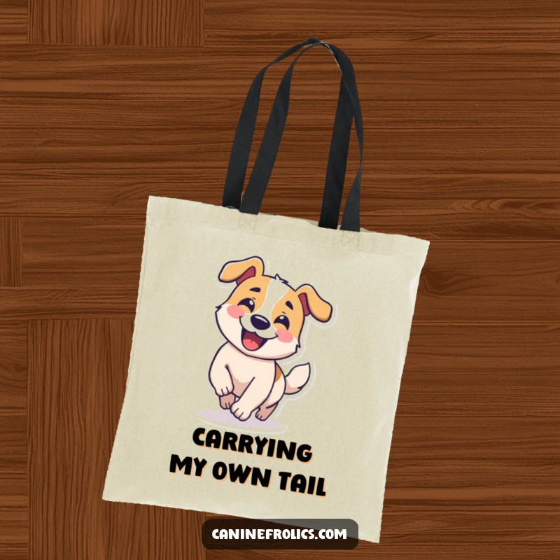 Funny tote bag illustrating a dog character grinning and chasing its tail in a comical circle, highlighting playful absurdity.