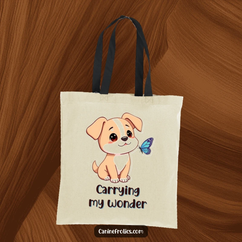 Funny dog tote bag showing a character with ears flopped forward, curiously looking at a butterfly, perfect for carrying items with gentle charm.