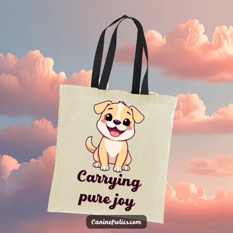 Funny tote bag featuring an overjoyed dog with a wide, happy grin and a constantly wagging tail, ready for any adventure.