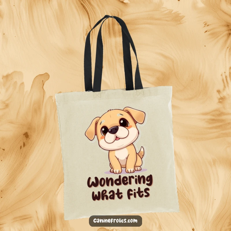 Funny tote bag featuring a playful dog tilting its head with a curious expression, perfect for carrying essentials with a smile.