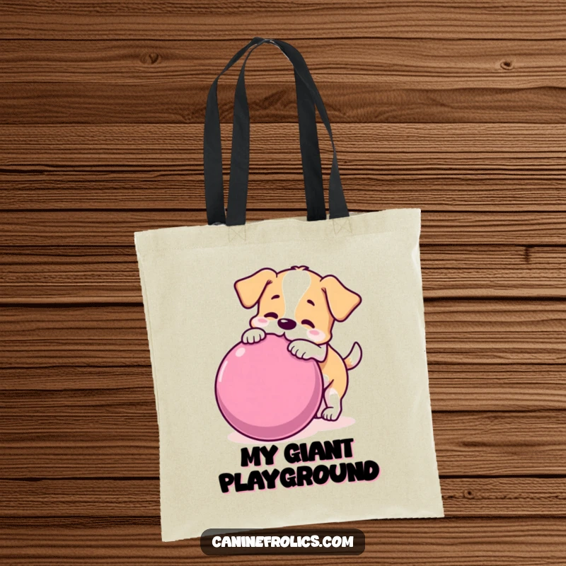 Funny dog tote bag featuring a playful dog nudging a large rolling ball, perfect for cheerful and humorous carrying.