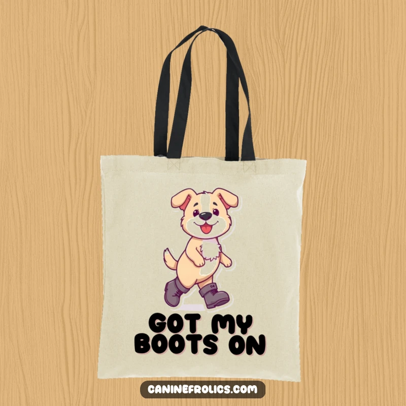 Funny dog tote bag showing a dog taking a confident stride in oversized boots, perfect for stylish and humorous carrying.
