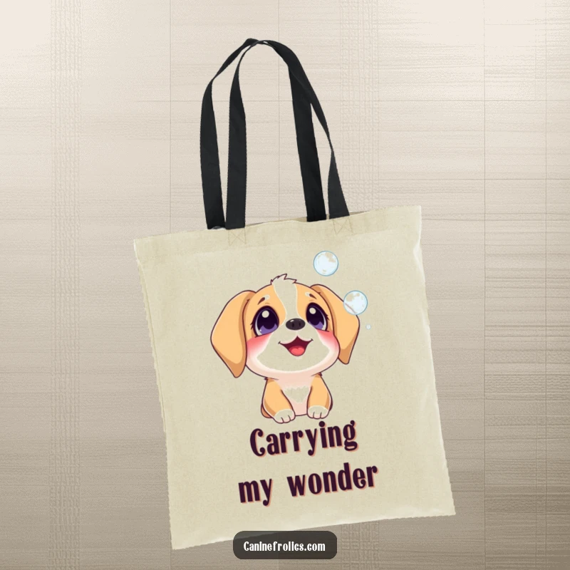 Funny dog tote bag featuring a delighted dog watching iridescent bubbles float by, perfect for cheerful and whimsical carrying.