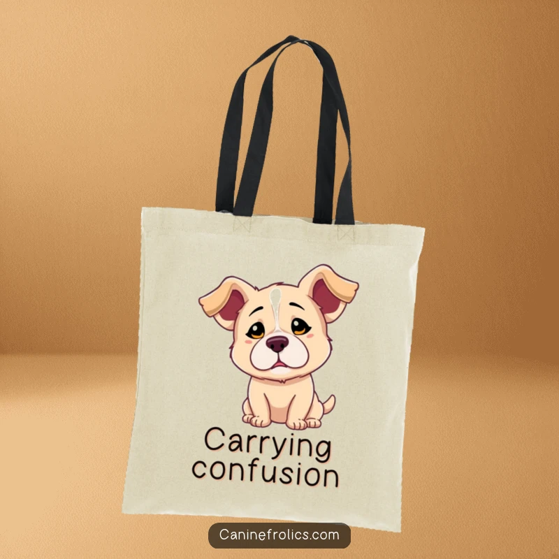 Funny tote bag featuring artwork of a dog with prominent floppy ears and a wide-eyed, playfully confused expression.