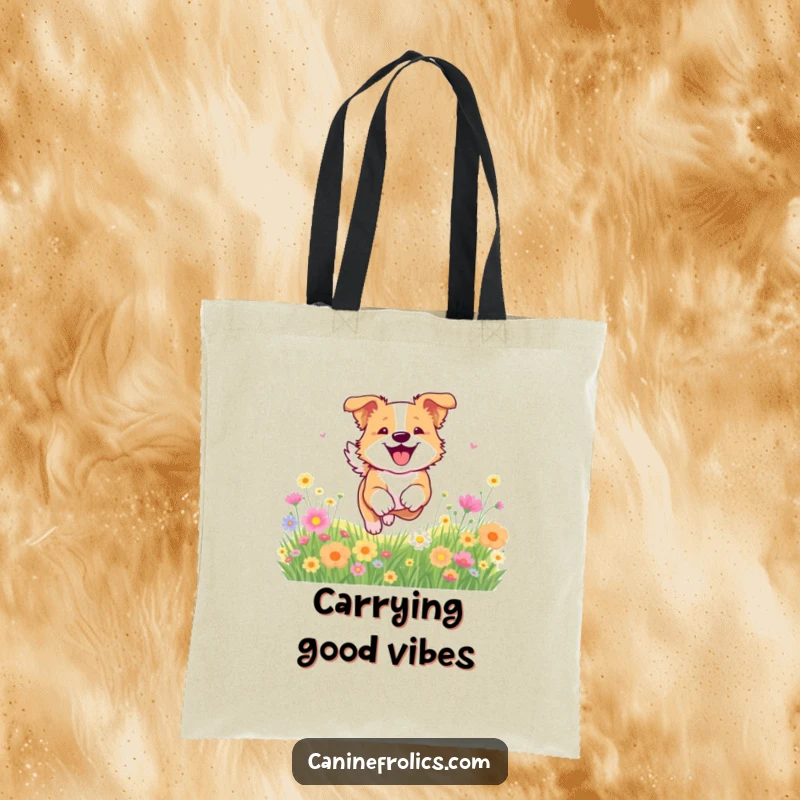 Funny dog tote bag with a dog happily bounding through a field of wildflowers, embodying carefree joy and natural beauty.