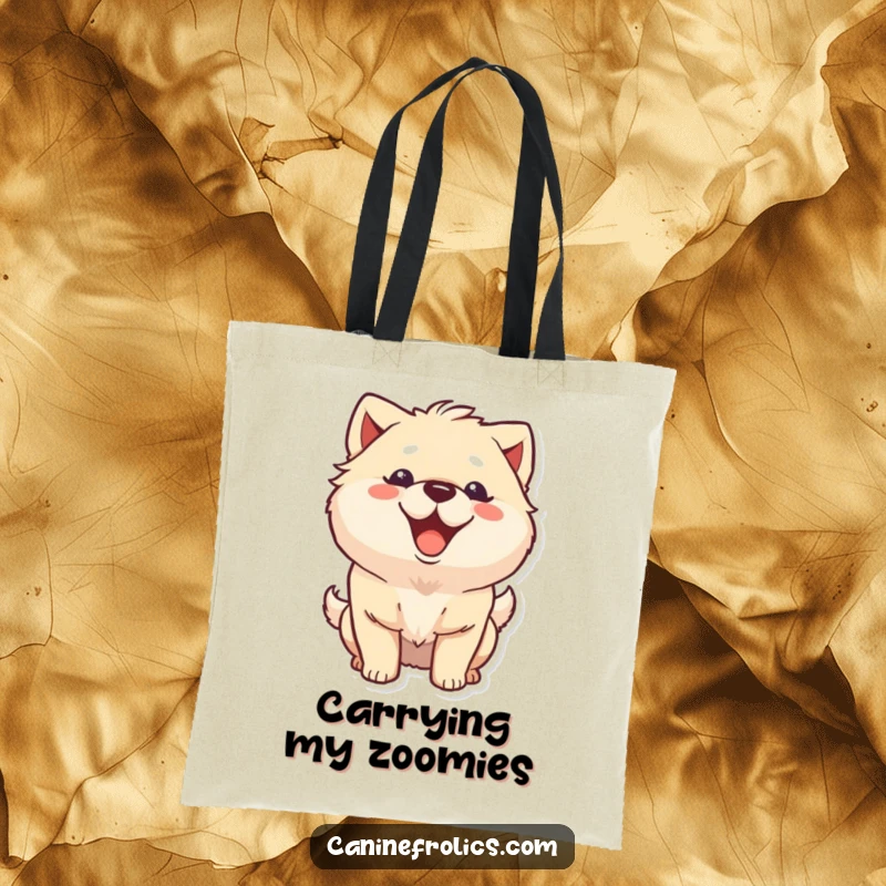Funny fluffy dog tote bag featuring a character with a big happy grin and wagging tail, perfect for carrying essentials with a smile.