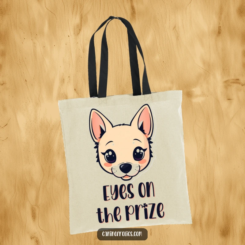 Funny tote bag with a stylized dog head design, featuring large, sparkling eyes and perky ears, perfect for carrying daily essentials.