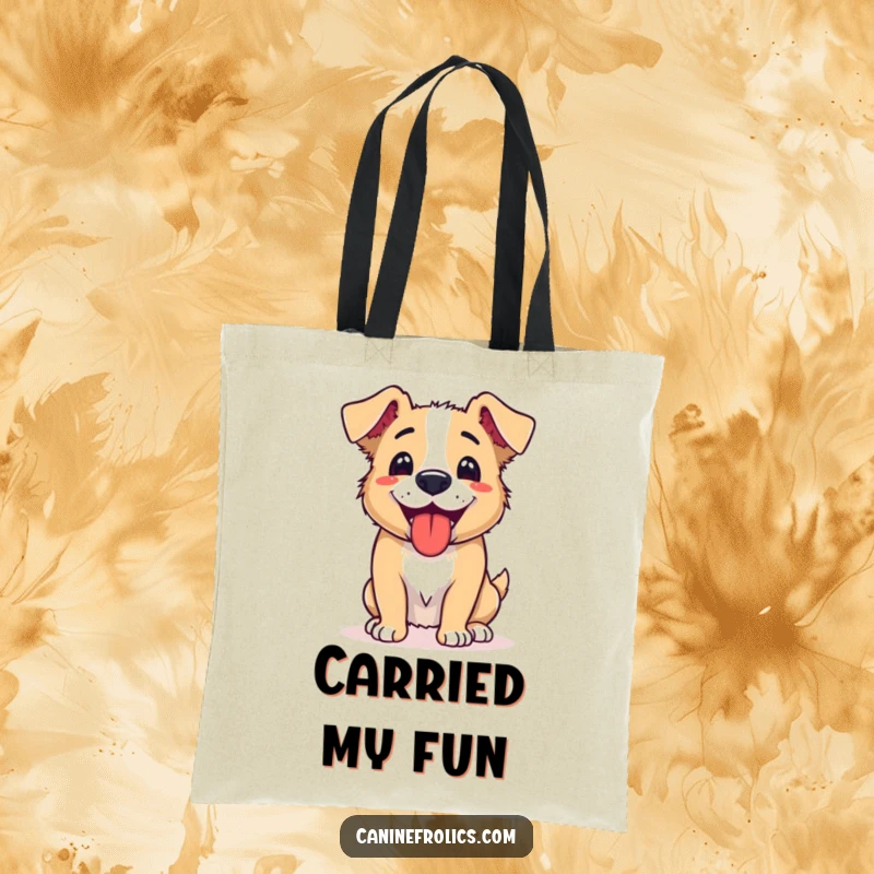 Funny tote bag with art of a dog panting contentedly, tongue hanging out, radiating happiness after a fun-filled activity.