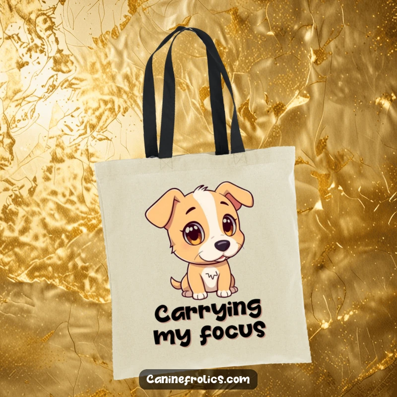 Funny tote bag illustrating a dog character with wide, attentive eyes, watching a distant, interesting object, embodying keen observation.