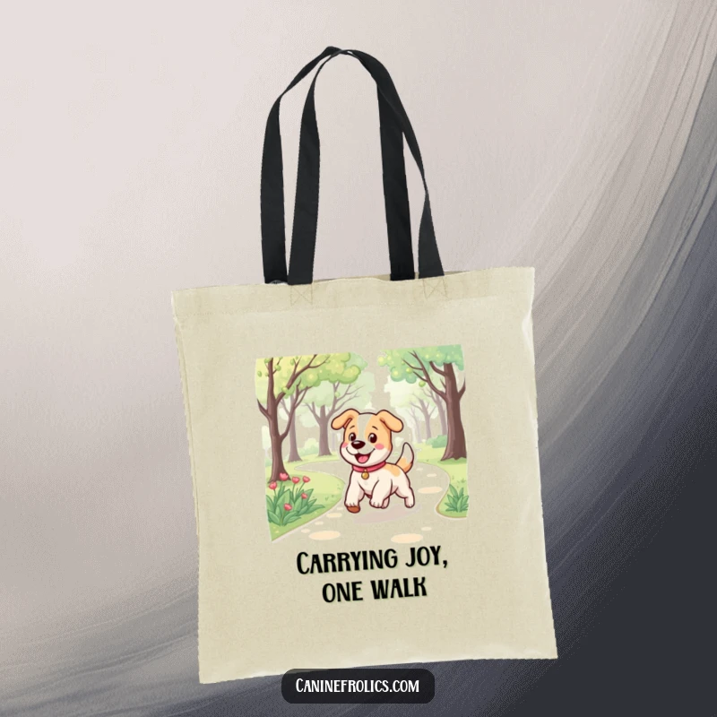 Funny tote bag depicting a dog character with a bouncy stride, happily trotting along a scenic park path, showcasing pure delight.