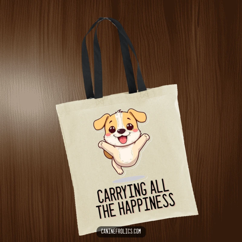 Funny dog tote bag with a stylized dog character bounding mid-air, radiating pure, unadulterated joy.
