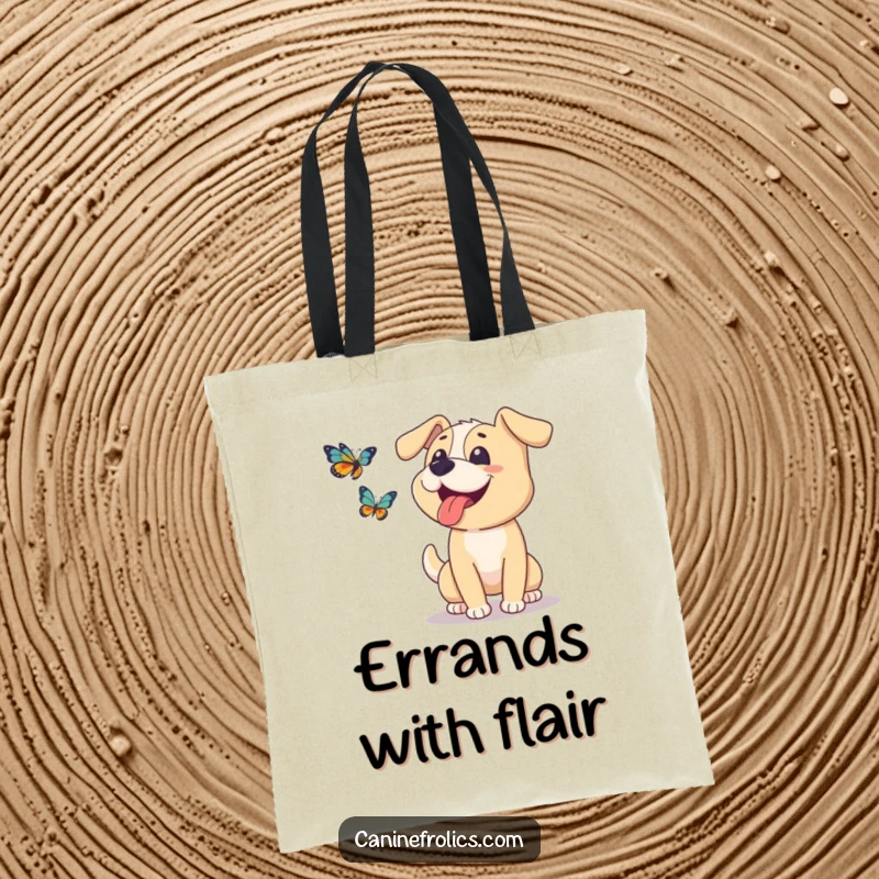 Funny dog tote bag showing a happy dog with its tongue lolling out, playfully chasing a delicate butterfly.