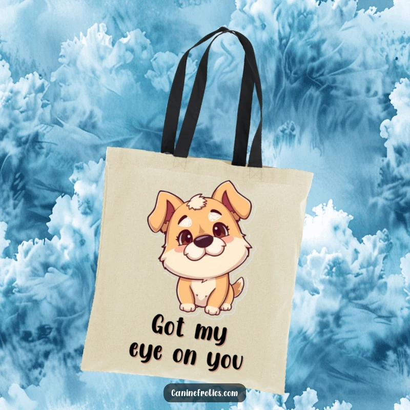 Funny Dog Tote Bag: Adorable goofy dog with head tilted in curiosity, showcasing playful mischief, perfect for shopping.