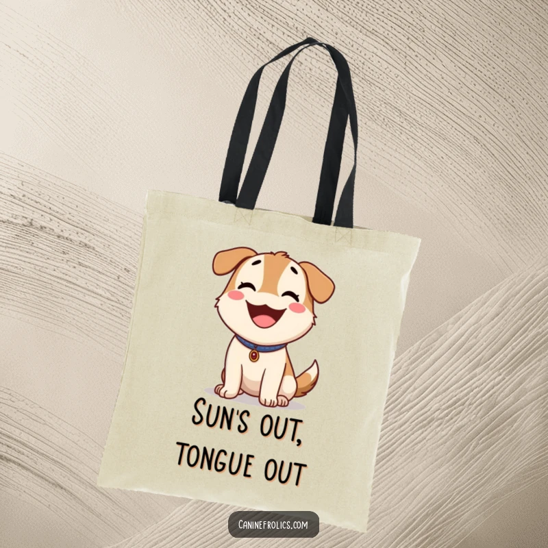 Funny Dog Tote Bag: Happy dog panting with tongue out, enjoying a sunny day, ideal for shopping and adventures.