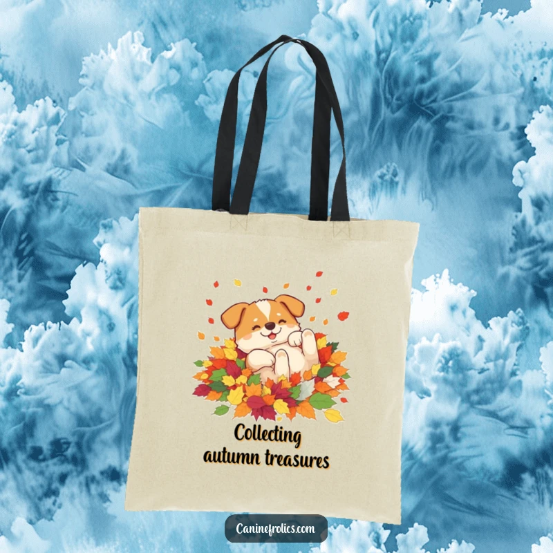 Funny tote bag illustration of a dog gleefully rolling in a mound of colorful autumn leaves, embodying the carefree spirit of the season.