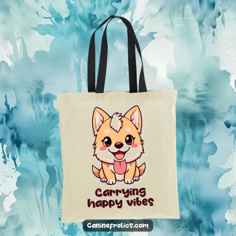 Funny tote bag displaying a cute dog character with a happy expression and its tongue lolling out, ideal for stylish, cheerful carrying.