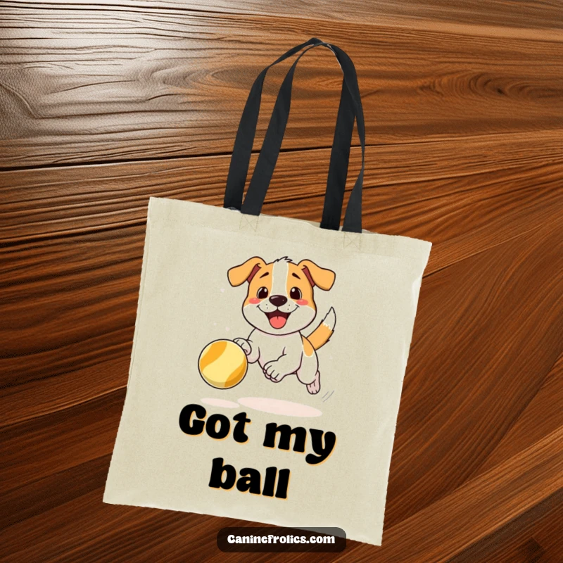 Funny tote bag illustrating a dog joyfully chasing a bouncing ball, perfect for carrying essentials with a playful, energetic vibe.