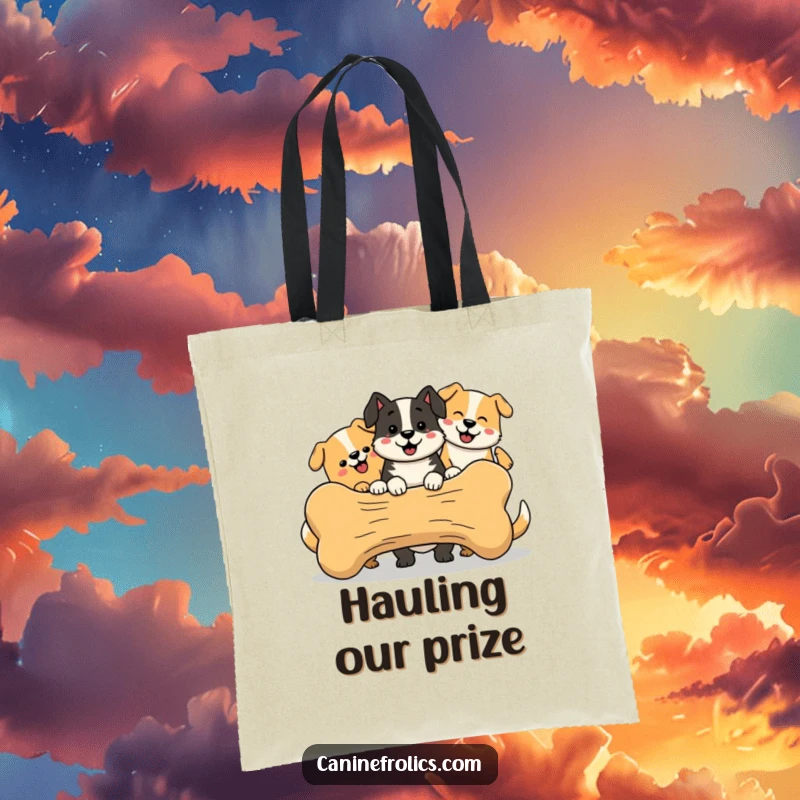 Funny Dog Tote Bag, showing a pack of simplified, happy dogs gleefully sharing a massive bone, radiating friendship and fun.