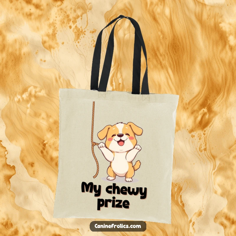 Funny Dog Tote Bag, showcasing a dog playfully batting at a dangling rope, embodying active fun and engagement.