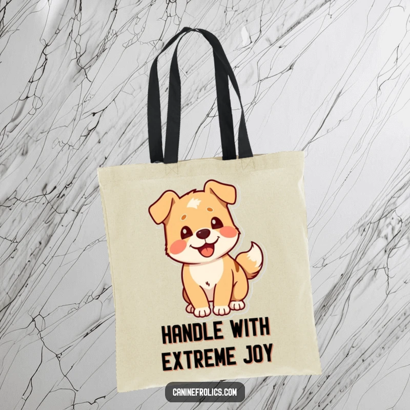 Funny Dog Tote Bag: A dog character's tail wagging rapidly with pure delight, a symbol of happiness and fun.