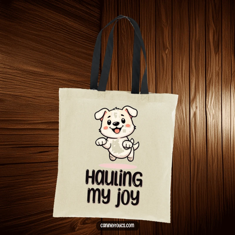 Funny tote bag illustrating a minimalist dog outline with energetic paws captured in a dynamic mid-leap, ready for adventure.