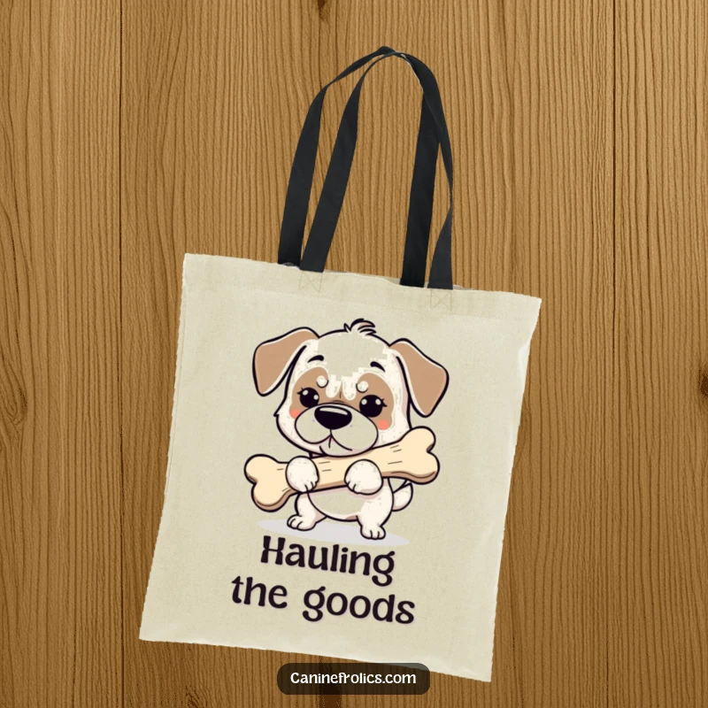 Funny dog tote bag featuring a determined dog carrying a large bone, perfect for carrying essentials with humorous intent.