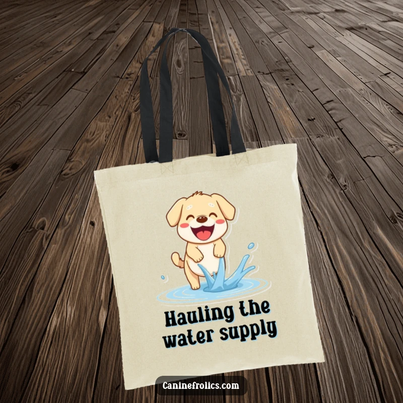 Funny Dog Tote Bag: A happy dog with an open pant joyfully tries to catch a stream of water, perfect for beach trips or park visits.
