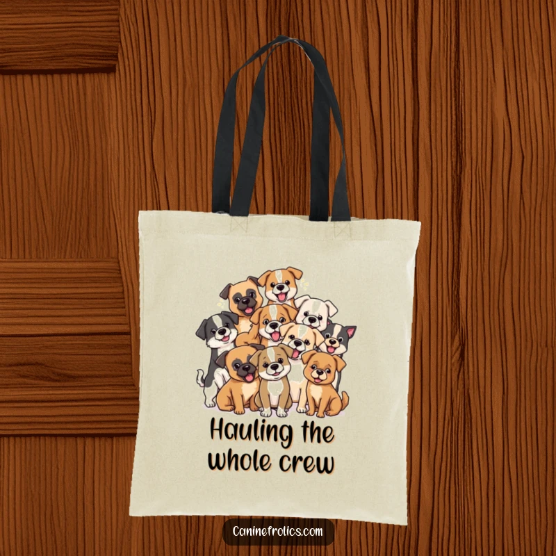 Funny dog tote bag featuring a collection of diverse dog breeds playing together harmoniously and joyfully.