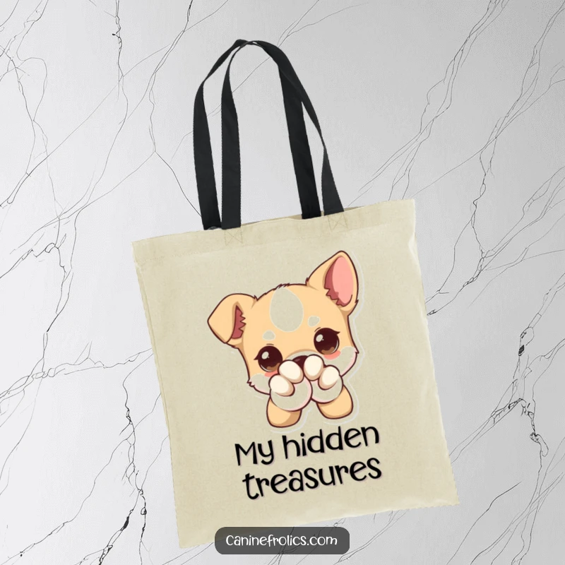 Funny Dog Tote Bag, showcasing a dog with comically large eyes giving a charming wink from behind its paw, ideal for carrying joy.